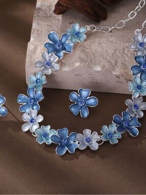 Blue Floral Statement Necklace and Earring Set - Women's Jewelry
